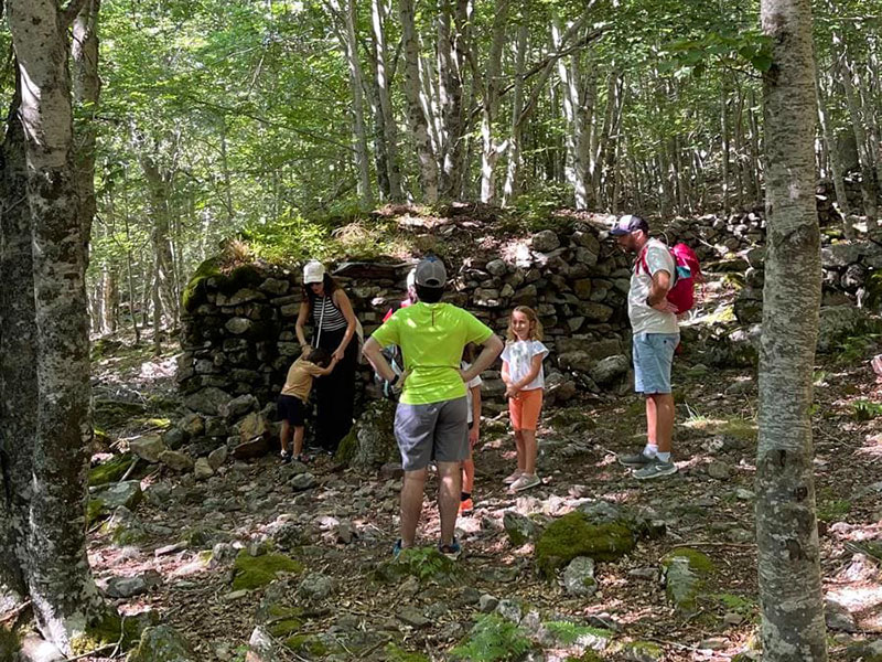 Un grupo de personas, incluidos niños, explora un bosque con árboles altos y frondosos. Están parados junto a una estructura de piedras cubiertas de musgo.