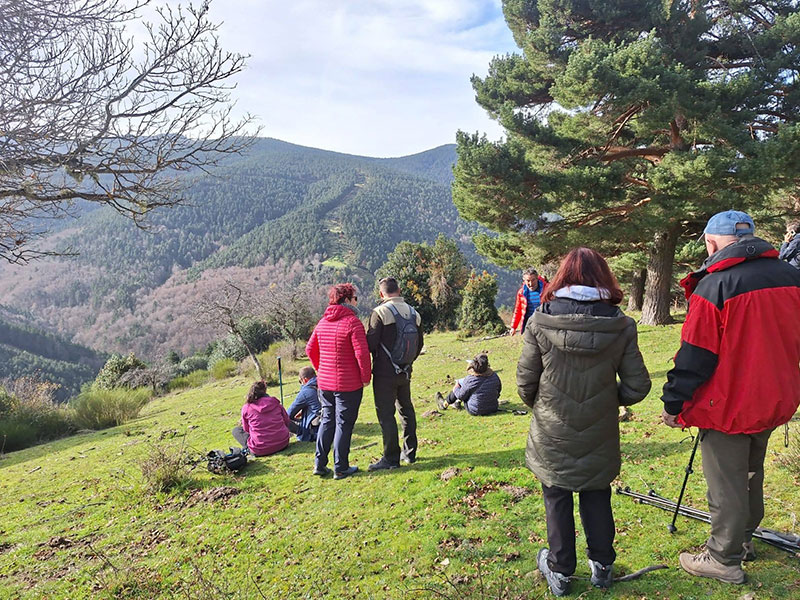 Un grupo de personas disfruta de una caminata en un paisaje montañoso, rodeados de árboles verdes y cielos despejados.